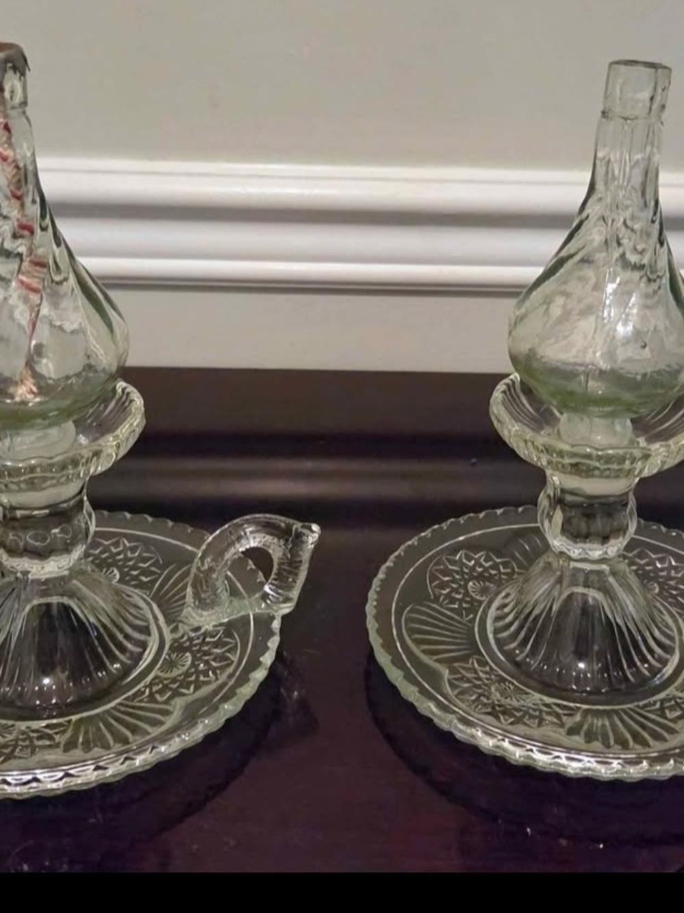 Vintage Pressed Glass Finger Oil Lamps Pair Farmhouse Decor